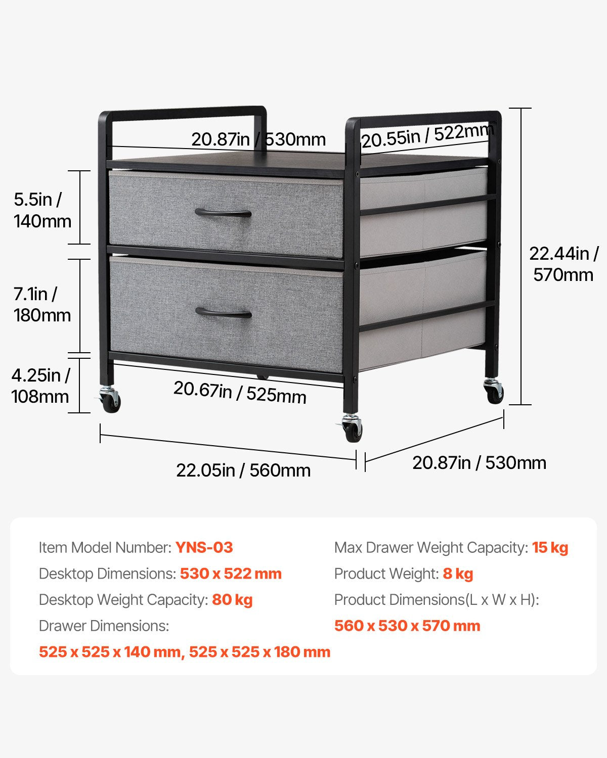 VEVOR Mini Fridge Stand with Storage, 176 lb-Capacity Mini Fridge Table with 2 Drawers & 4 Swivel Wheels, Mobile Mini Fridge Shelf, Gray Mini Fridge Organizer for Dorm, Apartment, Office, Bedroom - CTKMNBXZJ2CHTG08SV0 - view 8