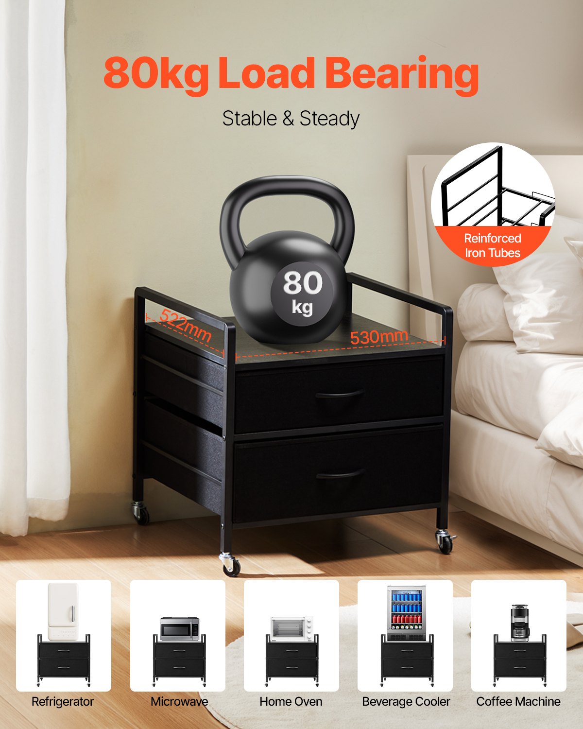 VEVOR Mini Fridge Stand with Storage, 176 lb-Capacity Mini Fridge Table with 2 Drawers & 4 Swivel Wheels, Mobile Mini Fridge Shelf, Black Mini Fridge Organizer for Dorm, Apartment, Office, Bedroom - CTKMNBXZJ2CHZAEZZV0 - view 3