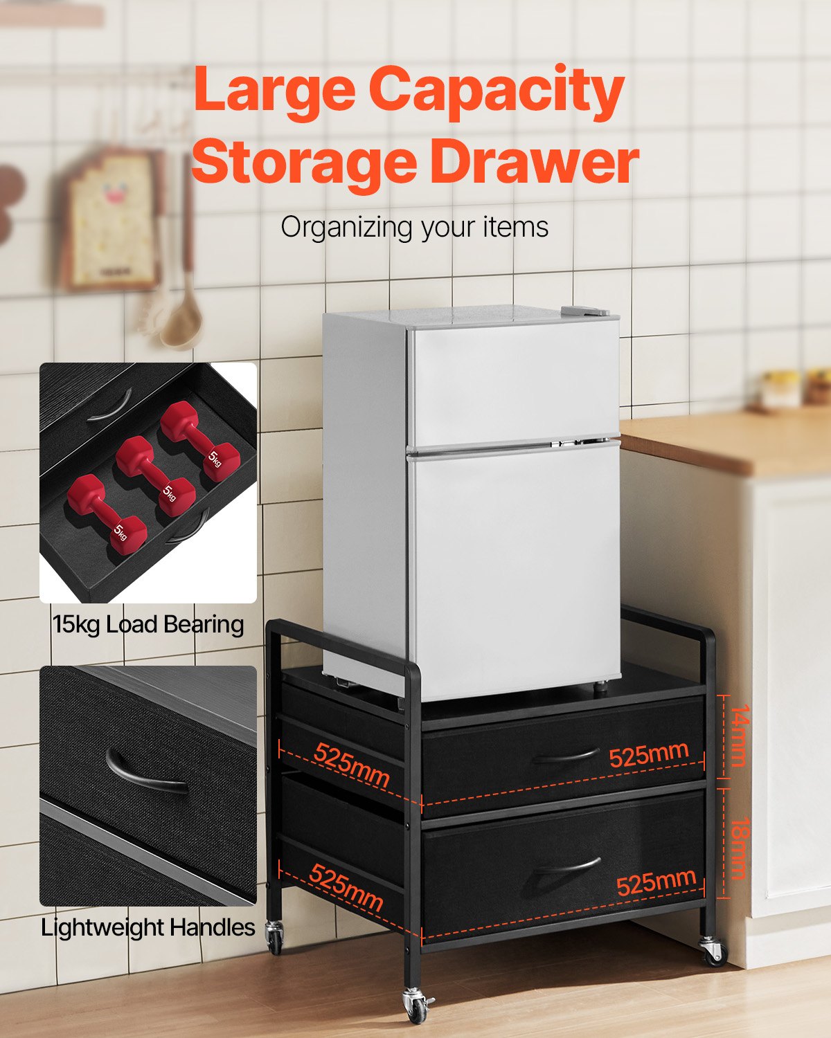 VEVOR Mini Fridge Stand with Storage, 176 lb-Capacity Mini Fridge Table with 2 Drawers & 4 Swivel Wheels, Mobile Mini Fridge Shelf, Black Mini Fridge Organizer for Dorm, Apartment, Office, Bedroom - CTKMNBXZJ2CHZAEZZV0 - view 4