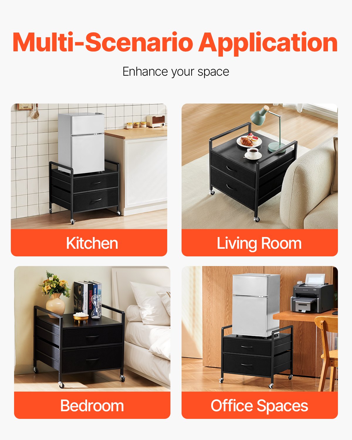 VEVOR Mini Fridge Stand with Storage, 176 lb-Capacity Mini Fridge Table with 2 Drawers & 4 Swivel Wheels, Mobile Mini Fridge Shelf, Black Mini Fridge Organizer for Dorm, Apartment, Office, Bedroom - CTKMNBXZJ2CHZAEZZV0 - view 7