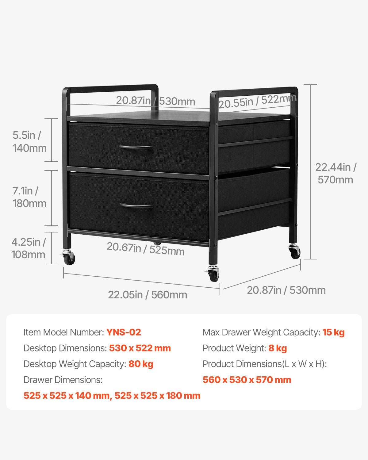 VEVOR Mini Fridge Stand with Storage, 176 lb-Capacity Mini Fridge Table with 2 Drawers & 4 Swivel Wheels, Mobile Mini Fridge Shelf, Black Mini Fridge Organizer for Dorm, Apartment, Office, Bedroom - CTKMNBXZJ2CHZAEZZV0 - view 8