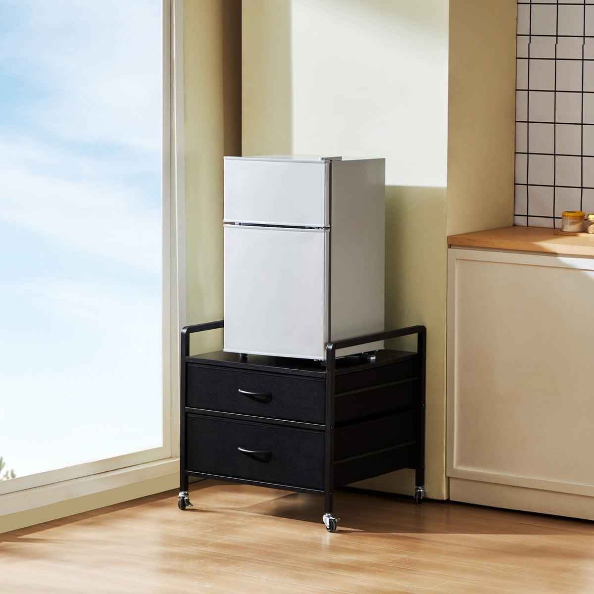 VEVOR Mini Fridge Stand with Storage, 176 lb-Capacity Mini Fridge Table with 2 Drawers & 4 Swivel Wheels, Mobile Mini Fridge Shelf, Black Mini Fridge Organizer for Dorm, Apartment, Office, Bedroom - CTKMNBXZJ2CHZAEZZV0 - view 9