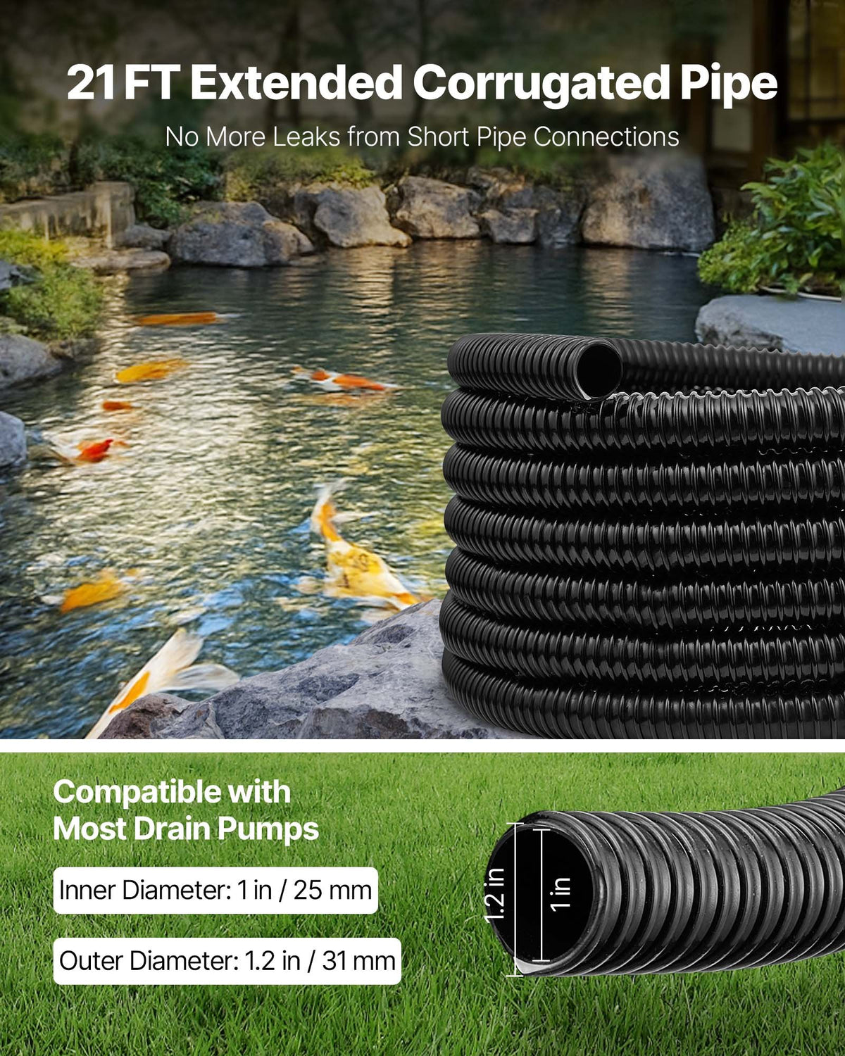 VEVOR 21 ft Corrugated Pond Tubing, 1 inch Inner Diameter, Flexible PVC Hose, Black Drain Pipe, Plastic Corrugated Water Tubing for Pond, Pump, Fountain, Garden, Swimming Pools, Filters, (1 pcs) - CTPSGD1INCH013LH2001V0 - view 3