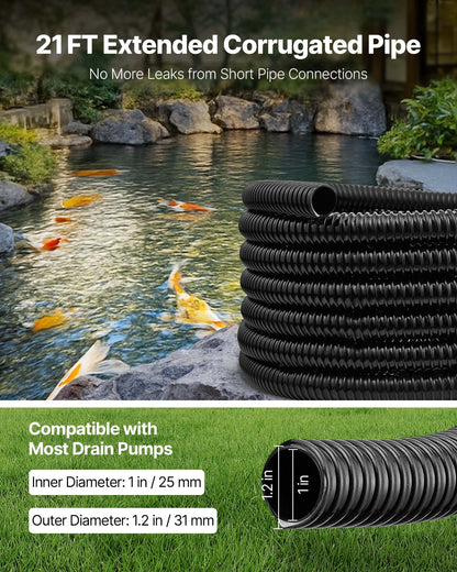 VEVOR 21 ft Corrugated Pond Tubing, 1 inch Inner Diameter, Flexible PVC Hose, Black Drain Pipe, Plastic Corrugated Water Tubing for Pond, Pump, Fountain, Garden, Swimming Pools, Filters, (1 pcs) - CTPSGD1INCH013LH2001V0 - view 3
