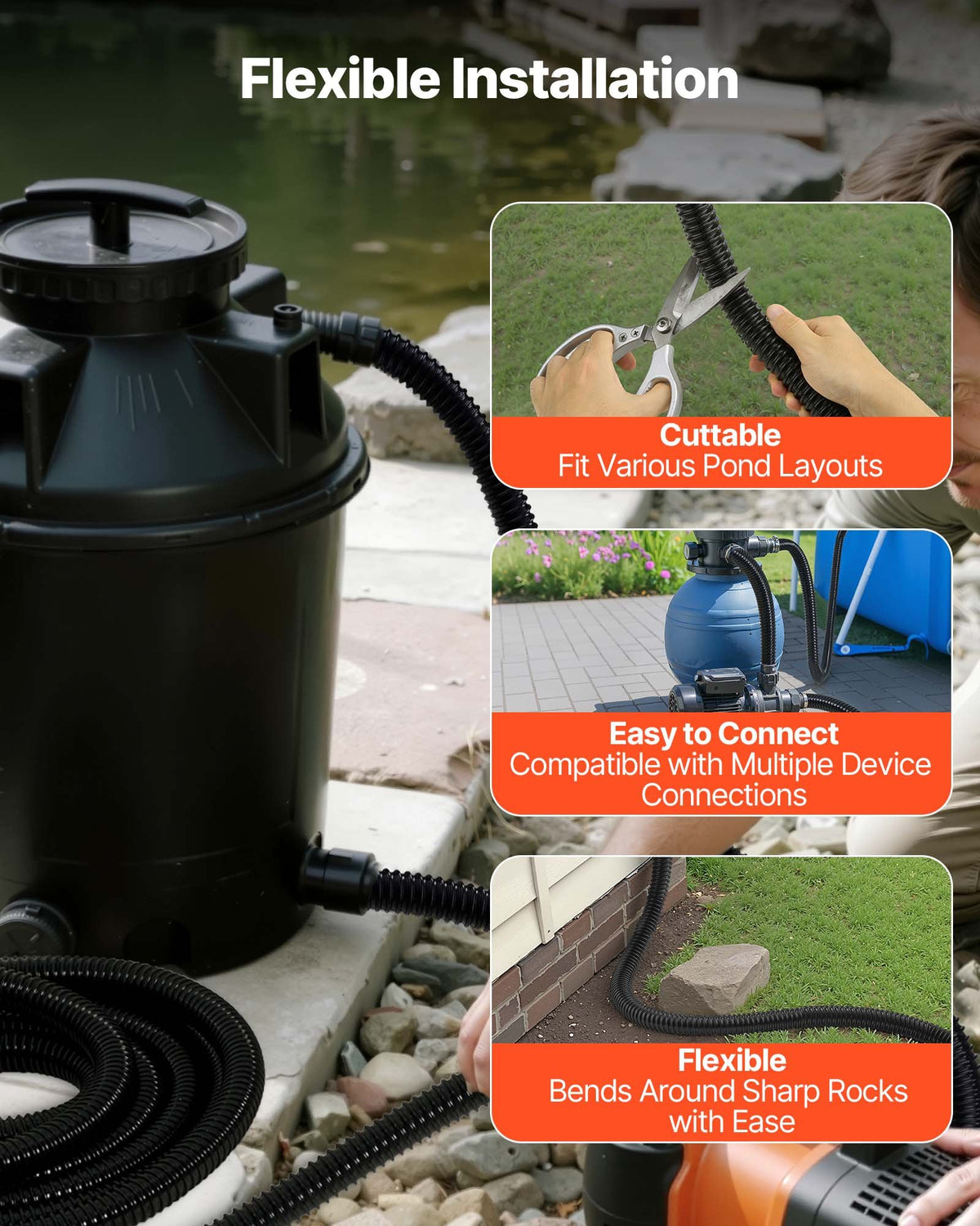 VEVOR 21 ft Corrugated Pond Tubing, 1 inch Inner Diameter, Flexible PVC Hose, Black Drain Pipe, Plastic Corrugated Water Tubing for Pond, Pump, Fountain, Garden, Swimming Pools, Filters, (1 pcs) - CTPSGD1INCH013LH2001V0 - view 7