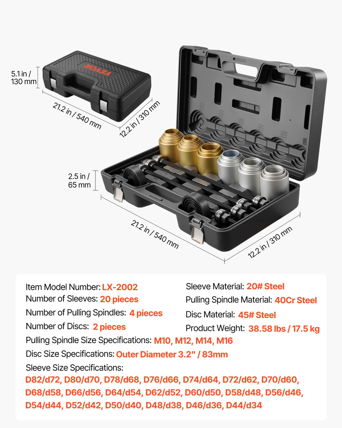 VEVOR Pull and Press Sleeve Kit, 26 PCS, Steel Bush Removal Insertion Sleeve Tools with Carrying Case, Compatible with LCV and HGV Engines, for Removing and Installing Bushings, Bearings, and Seals - CTQCQTZ26JT0E8TU9002V0 - view 8