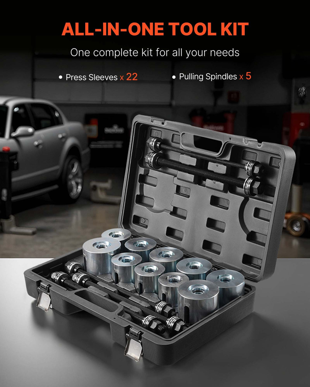 VEVOR Pull and Press Sleeve Kit, 27 PCS, Steel Bush Removal Insertion Sleeve Tools with Carrying Case, Compatible with LCV and HGV Engines