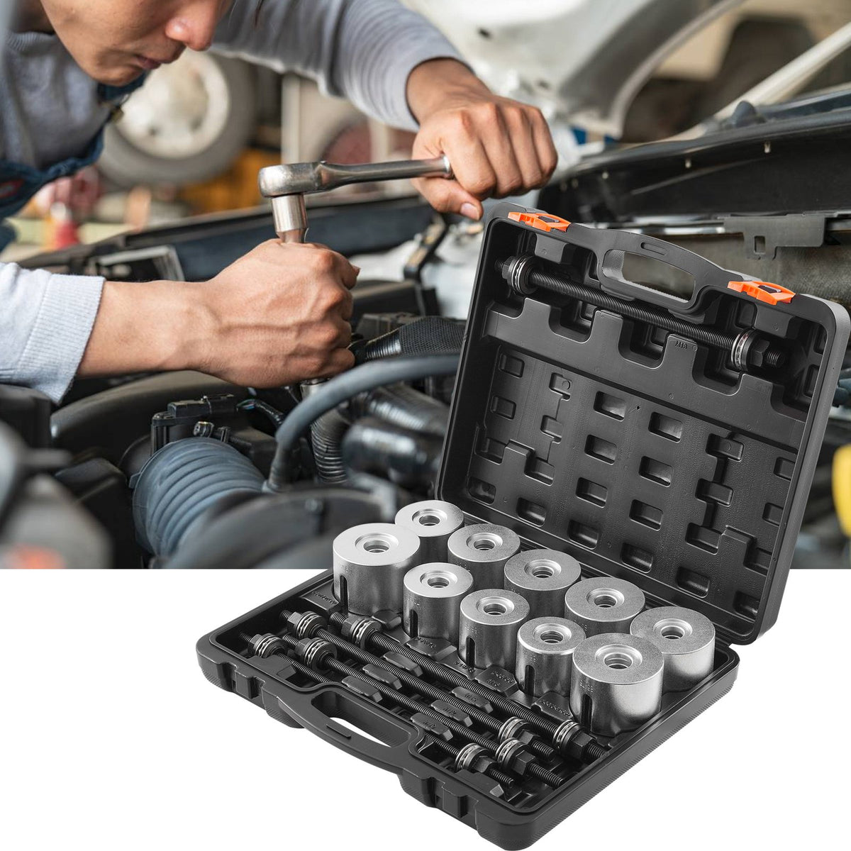 VEVOR 27 PCS Pull and Press Sleeve Kit, Steel Bush Bearing Removal and Installation Set, Bush Removal Insertion Sleeve Tools with Carrying Case, Multi-Vehicle Compatibility for LCV and HGV Engines - CTQCQTZ27JT0S6JTCV0 - view 9