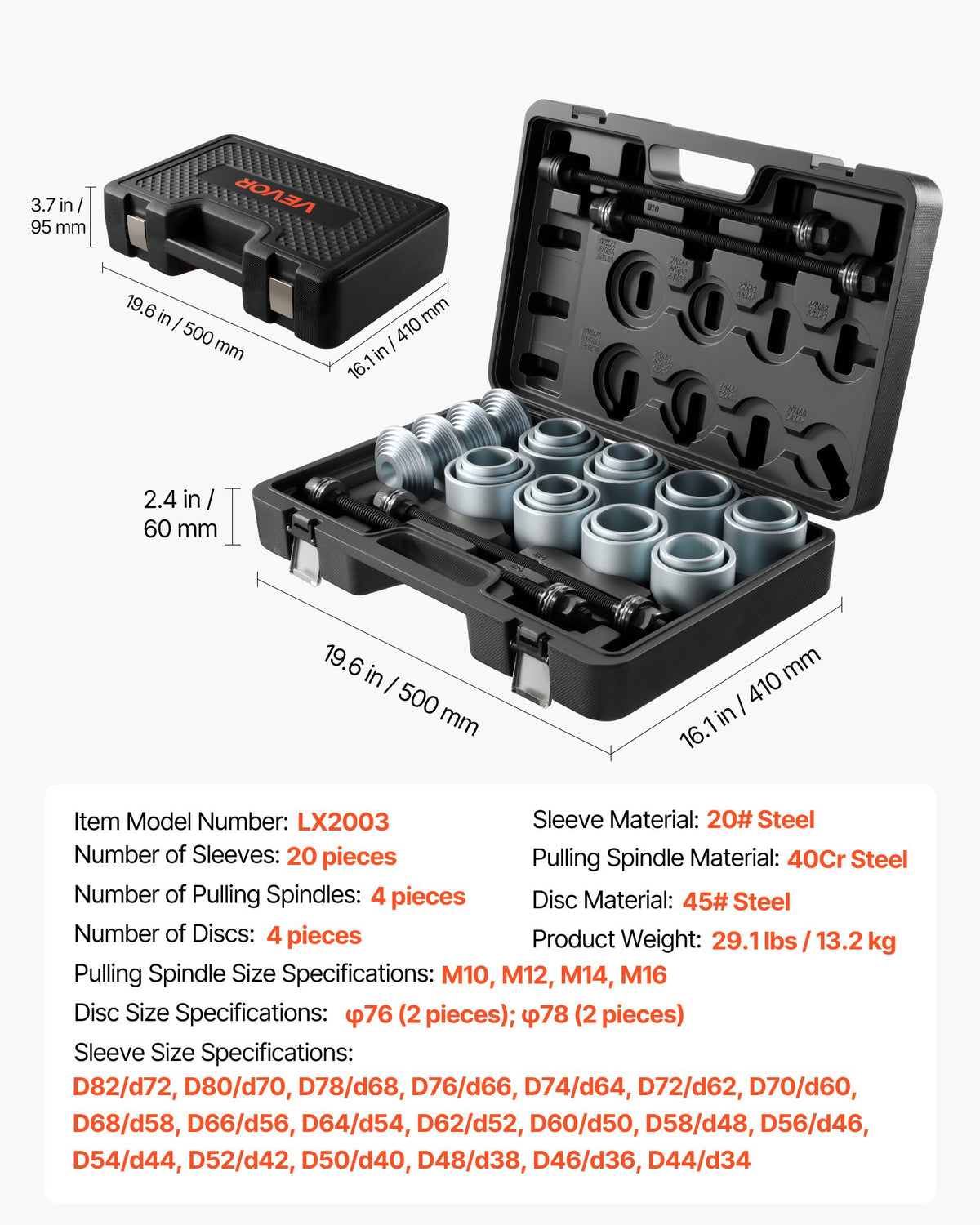 VEVOR Pull and Press Sleeve Kit, 28 PCS, Steel Bush Removal Insertion Sleeve Tools with Carrying Case, Compatible with LCV and HGV Engines, for Removing and Installing Bushings, Bearings, and Seals - CTQCQTZ28JT0QWLD0002V0 - view 8