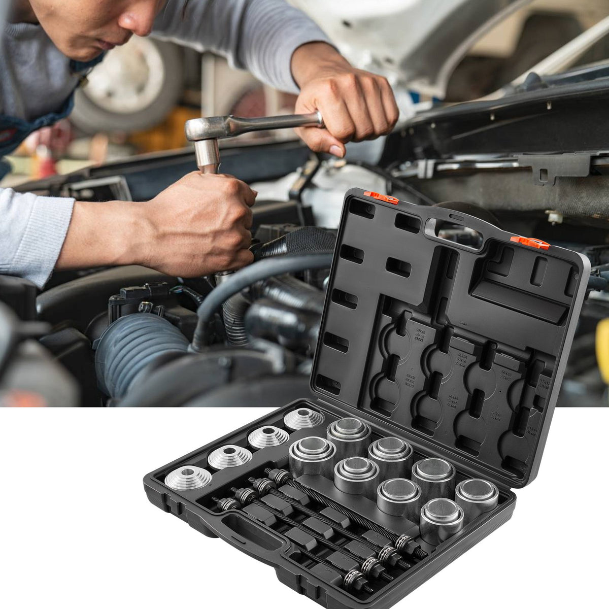 VEVOR 28 PCS Pull and Press Sleeve Kit, Steel Bush Bearing Removal and Installation Set, Bush Removal Insertion Sleeve Tools with Carrying Case, Multi-Vehicle Compatibility for LCV and HGV Engines - CTQCQTZ28JT0QWLD0V0 - view 9