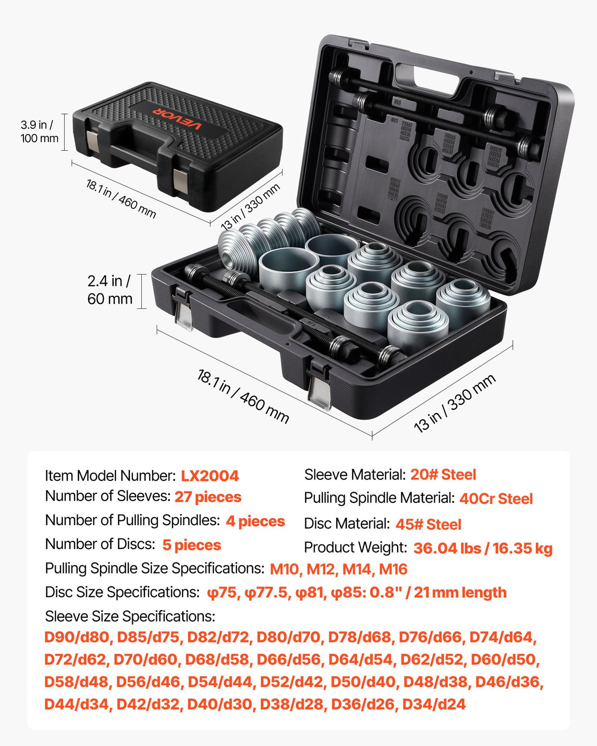VEVOR Pull and Press Sleeve Kit, 36 PCS, Steel Bush Removal Insertion Sleeve Tools with Carrying Case, Compatible with LCV and HGV Engines, for Removing and Installing Bushings, Bearings, and Seals - CTQCQTZ36JT0JI3U0002V0 - view 8