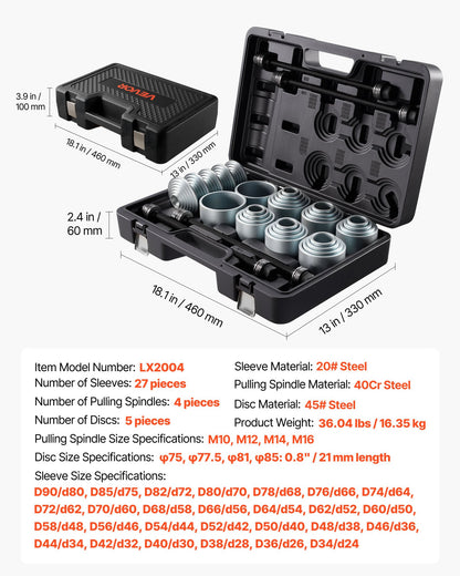 VEVOR Pull and Press Sleeve Kit, 36 PCS, Steel Bush Removal Insertion Sleeve Tools with Carrying Case, Compatible with LCV and HGV Engines, for Removing and Installing Bushings, Bearings, and Seals - CTQCQTZ36JT0JI3U0002V0 - view 8