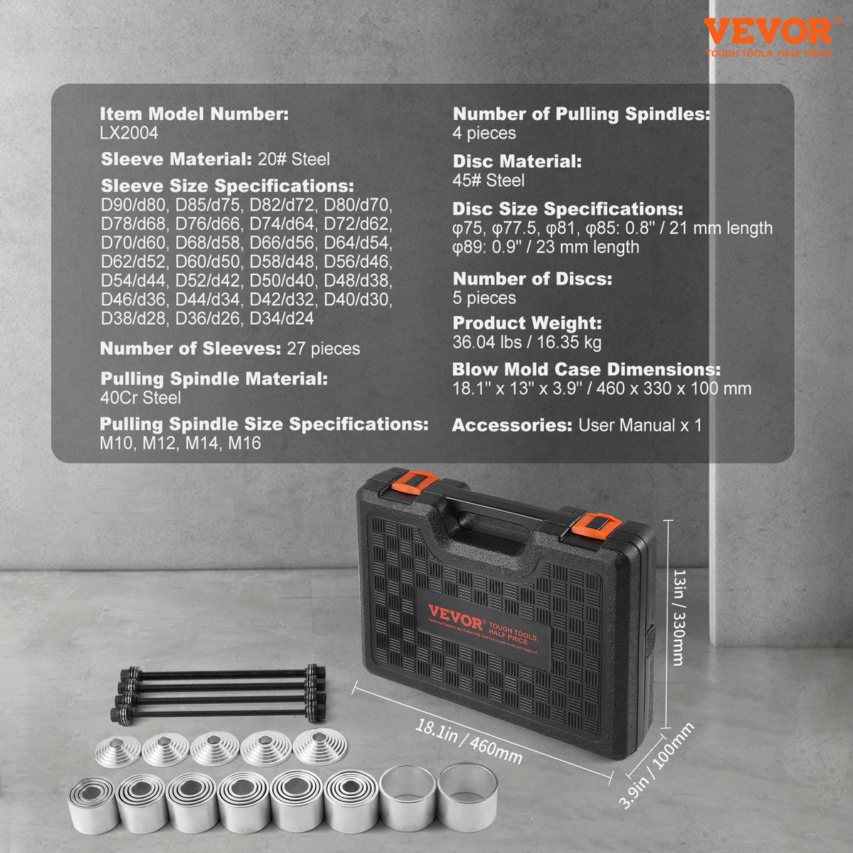 VEVOR 36 PCS Pull and Press Sleeve Kit, Steel Bush Bearing Removal and Installation Set, Bush Removal Insertion Sleeve Tools with Carrying Case, Multi-Vehicle Compatibility for LCV and HGV Engines - CTQCQTZ36JT0JI3U0V0 - view 8