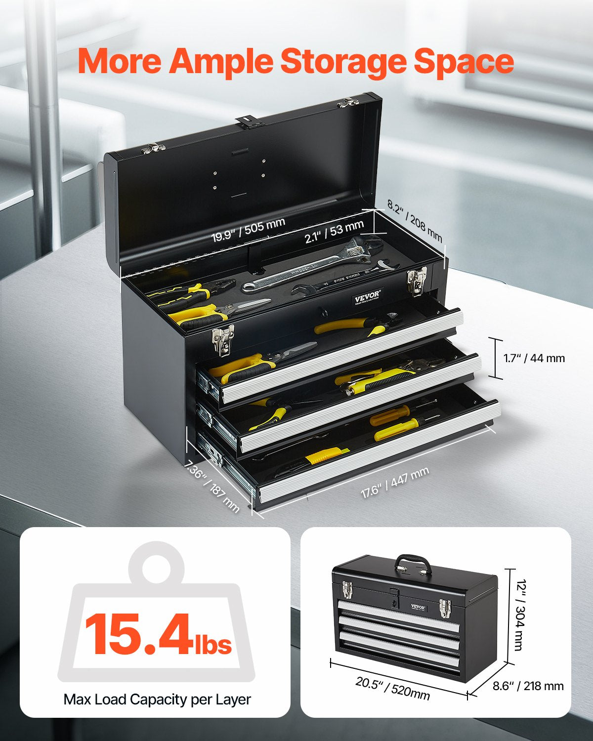 VEVOR Metal Tool Box, 20.5-inch, Portable Metal Tool Box with 3 Drawers, Small Tool Chest with EVA Liners, Ball Bearing Slide Drawers Locking & Powder Coated Finish, Multi-Function Tool Organizer - CTSBXSGJX20ICW9DQV0 - view 3