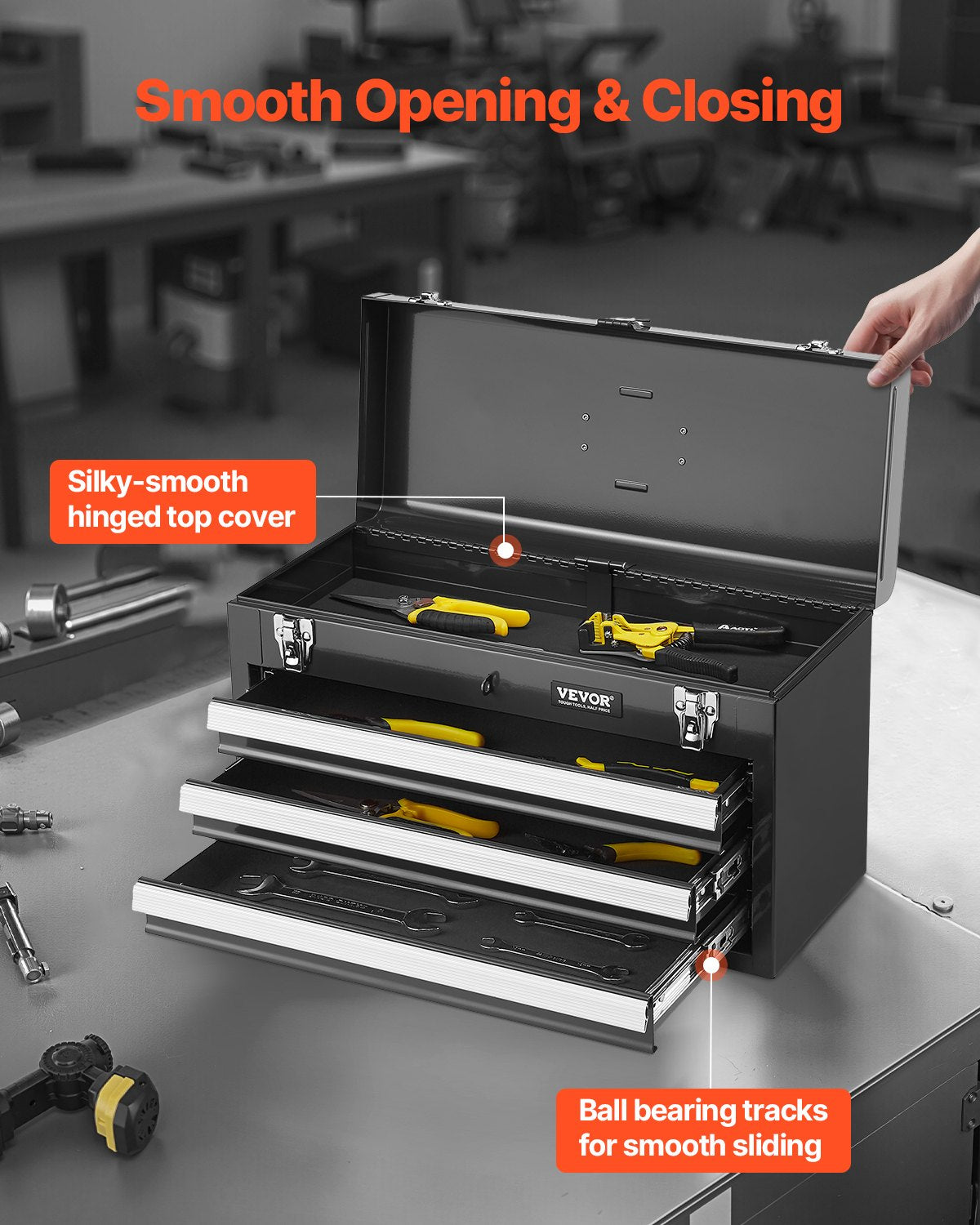 VEVOR Metal Tool Box, 20.5-inch, Portable Metal Tool Box with 3 Drawers, Small Tool Chest with EVA Liners, Ball Bearing Slide Drawers Locking & Powder Coated Finish, Multi-Function Tool Organizer - CTSBXSGJX20ICW9DQV0 - view 5