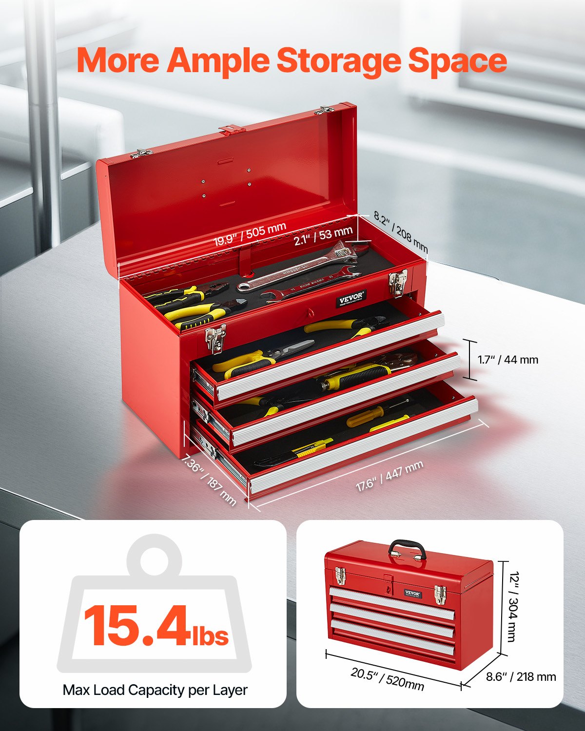 VEVOR Metal Tool Box, 20.5-inch, Portable Metal Tool Box with 3 Drawers, Small Tool Chest with EVA Liners, Ball Bearing Slide Drawers Locking & Powder Coated Finish, Multi-Function Tool Organizer, Red - CTSBXSGJX20IEYVN5V0 - view 3