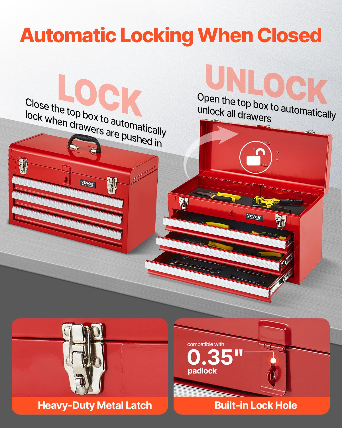 VEVOR Metal Tool Box, 20.5-inch, Portable Metal Tool Box with 3 Drawers, Small Tool Chest with EVA Liners, Ball Bearing Slide Drawers Locking & Powder Coated Finish, Multi-Function Tool Organizer, Red - CTSBXSGJX20IEYVN5V0 - view 4