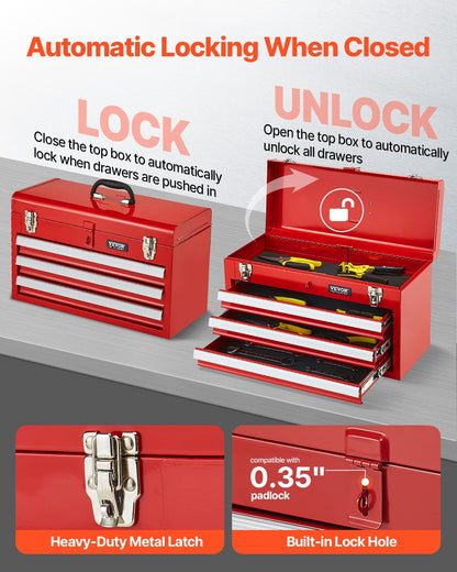 VEVOR Metal Tool Box, 20.5-inch, Portable Metal Tool Box with 3 Drawers, Small Tool Chest with EVA Liners, Ball Bearing Slide Drawers Locking & Powder Coated Finish, Multi-Function Tool Organizer, Red - CTSBXSGJX20IEYVN5V0 - view 4