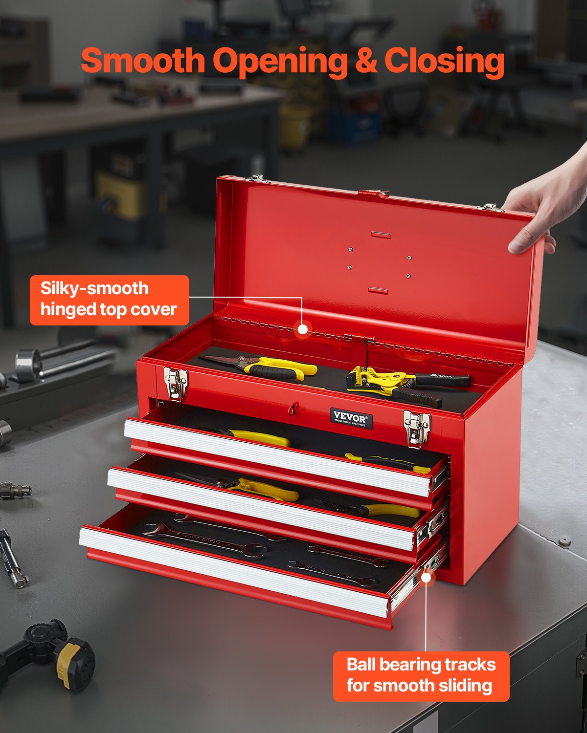 VEVOR Metal Tool Box, 20.5-inch, Portable Metal Tool Box with 3 Drawers, Small Tool Chest with EVA Liners, Ball Bearing Slide Drawers Locking & Powder Coated Finish, Multi-Function Tool Organizer, Red - CTSBXSGJX20IEYVN5V0 - view 5