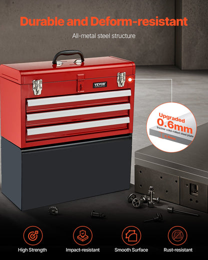 VEVOR Metal Tool Box, 20.5-inch, Portable Metal Tool Box with 3 Drawers, Small Tool Chest with EVA Liners, Ball Bearing Slide Drawers Locking & Powder Coated Finish, Multi-Function Tool Organizer, Red - CTSBXSGJX20IEYVN5V0 - view 7