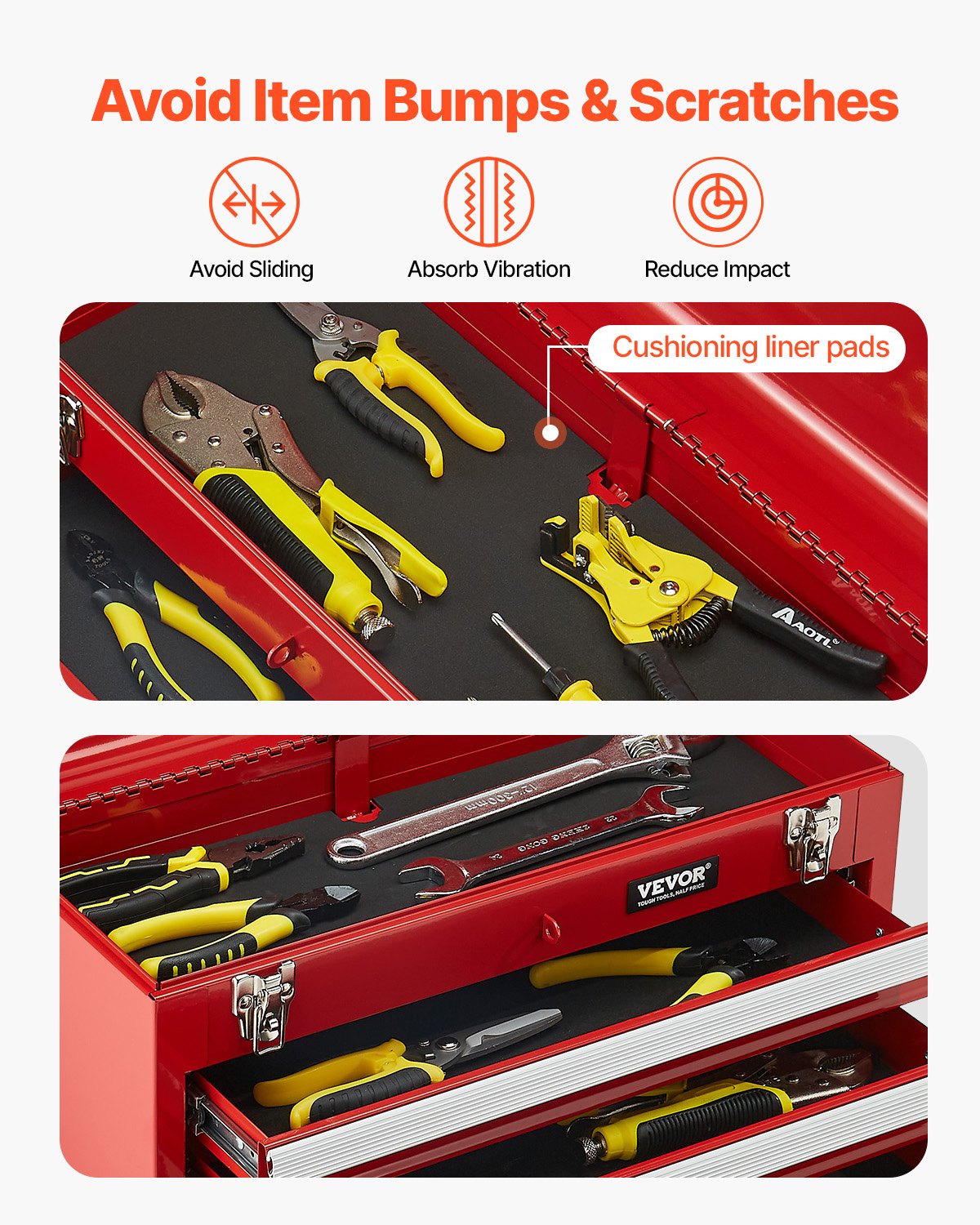 VEVOR Metal Tool Box, 20.5-inch, Portable Metal Tool Box with 3 Drawers, Small Tool Chest with EVA Liners, Ball Bearing Slide Drawers Locking & Powder Coated Finish, Multi-Function Tool Organizer, Red - CTSBXSGJX20IEYVN5V0 - view 8