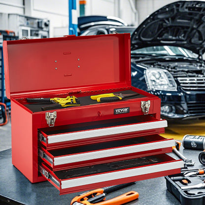 VEVOR Metal Tool Box, 20.5-inch, Portable Metal Tool Box with 3 Drawers, Small Tool Chest with EVA Liners, Ball Bearing Slide Drawers Locking & Powder Coated Finish, Multi-Function Tool Organizer, Red - CTSBXSGJX20IEYVN5V0 - view 9