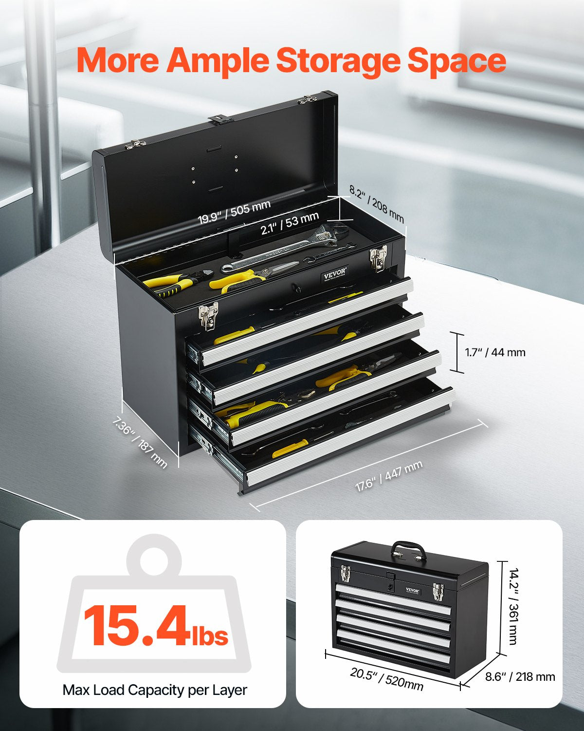 VEVOR Metal Tool Box, 20.5-inch, Portable Metal Tool Box with 4 Drawers, Small Tool Chest with EVA Liners, Ball Bearing Slide Drawers Locking & Powder Coated Finish, Multi-Function Tool Organizer - CTSBXSGJX20ILXNNKV0 - view 3