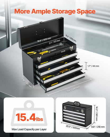 VEVOR Metal Tool Box, 20.5-inch, Portable Metal Tool Box with 4 Drawers, Small Tool Chest with EVA Liners, Ball Bearing Slide Drawers Locking & Powder Coated Finish, Multi-Function Tool Organizer - CTSBXSGJX20ILXNNKV0 - view 3