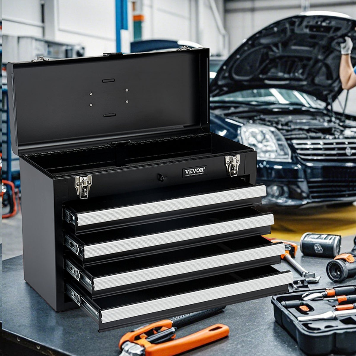 VEVOR Metal Tool Box, 20.5-inch, Portable Metal Tool Box with 4 Drawers, Small Tool Chest with EVA Liners, Ball Bearing Slide Drawers Locking & Powder Coated Finish, Multi-Function Tool Organizer - CTSBXSGJX20ILXNNKV0 - view 9