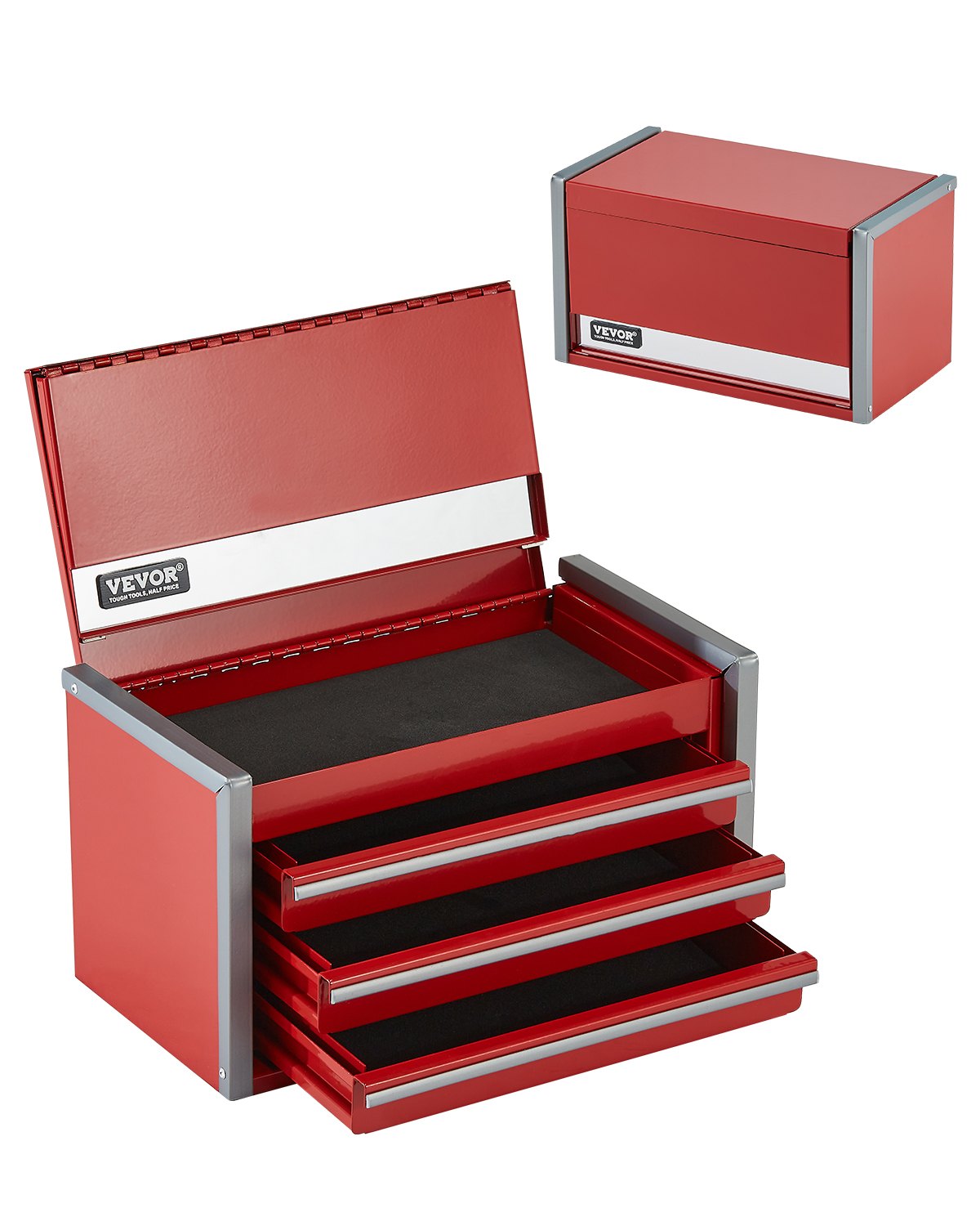 VEVOR Metal Tool Box, 8.6-inch, Portable Metal Tool Box with 3 Drawers, Small Tool Chest with EVA Liners and PP Feet Pads, Heavy-Duty Steel With Ball Bearing Opening and Powder Coated Finish, Red - CTSBXSGJX86I00F7ZV0 - view 1