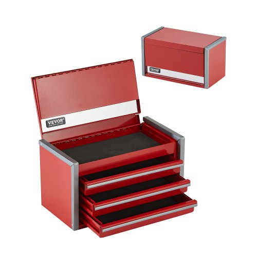 VEVOR Metal Tool Box, 8.6-inch, Portable Metal Tool Box with 3 Drawers, Small Tool Chest with EVA Liners and PP Feet Pads, Heavy-Duty Steel With Ball Bearing Opening and Powder Coated Finish, Red - CTSBXSGJX86I00F7ZV0 - view 2