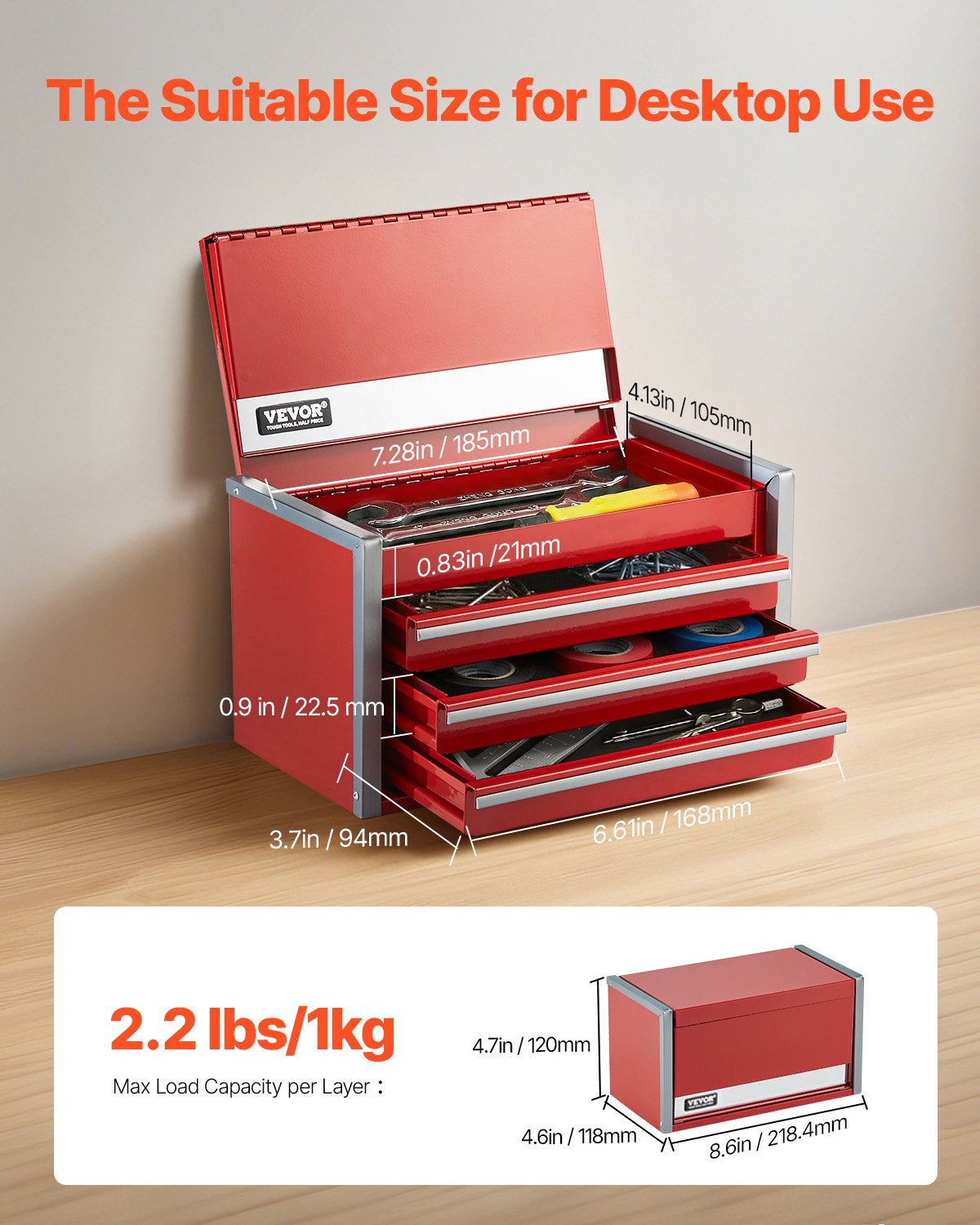 VEVOR Metal Tool Box, 8.6-inch, Portable Metal Tool Box with 3 Drawers, Small Tool Chest with EVA Liners and PP Feet Pads, Heavy-Duty Steel With Ball Bearing Opening and Powder Coated Finish, Red - CTSBXSGJX86I00F7ZV0 - view 3