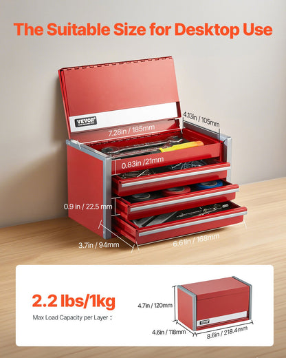 VEVOR Metal Tool Box, 8.6-inch, Portable Metal Tool Box with 3 Drawers, Small Tool Chest with EVA Liners and PP Feet Pads, Heavy-Duty Steel With Ball Bearing Opening and Powder Coated Finish, Red - CTSBXSGJX86I00F7ZV0 - view 3