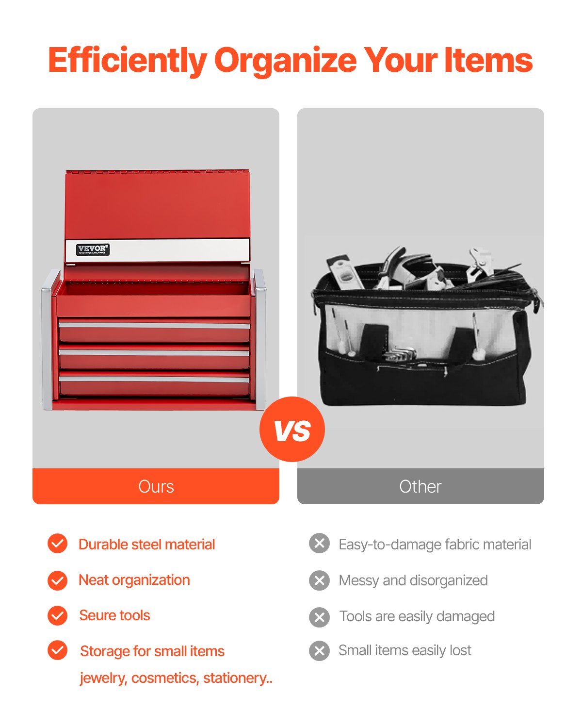 VEVOR Metal Tool Box, 8.6-inch, Portable Metal Tool Box with 3 Drawers, Small Tool Chest with EVA Liners and PP Feet Pads, Heavy-Duty Steel With Ball Bearing Opening and Powder Coated Finish, Red - CTSBXSGJX86I00F7ZV0 - view 4