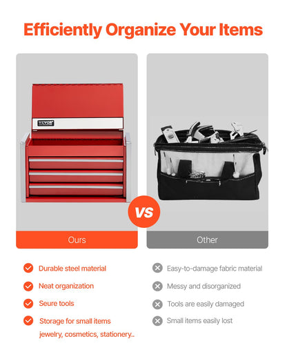 VEVOR Metal Tool Box, 8.6-inch, Portable Metal Tool Box with 3 Drawers, Small Tool Chest with EVA Liners and PP Feet Pads, Heavy-Duty Steel With Ball Bearing Opening and Powder Coated Finish, Red - CTSBXSGJX86I00F7ZV0 - view 4