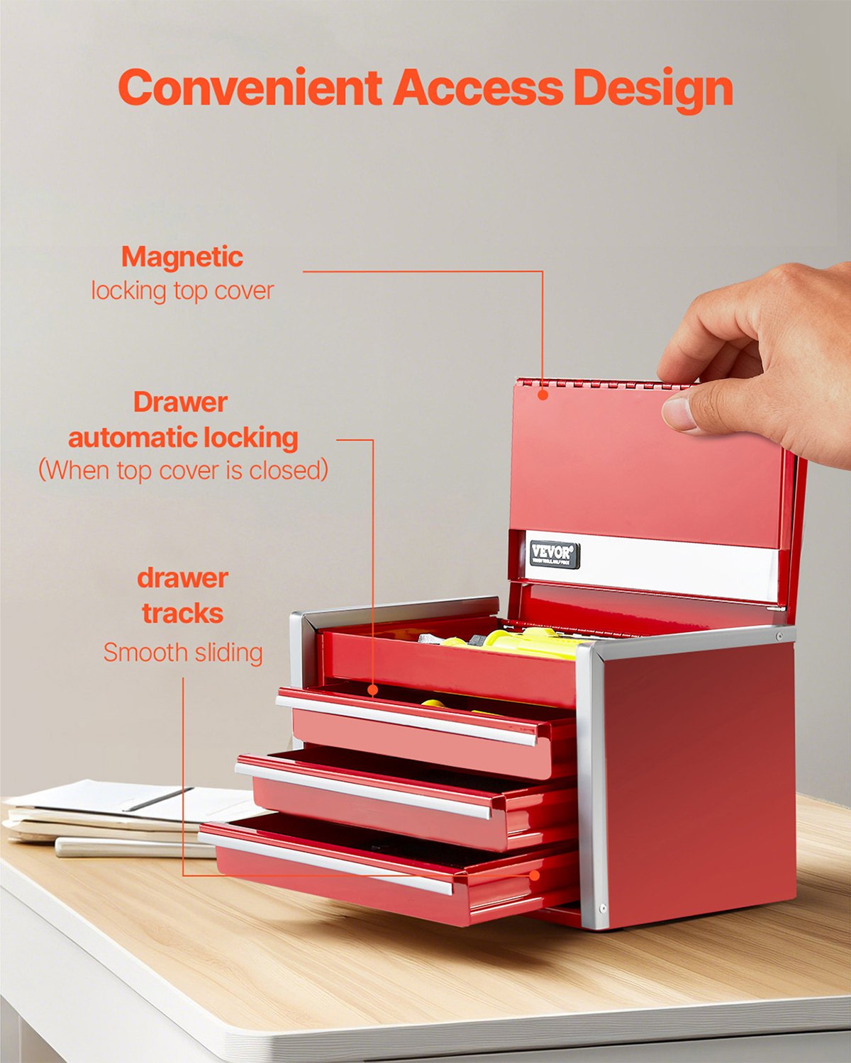 VEVOR Metal Tool Box, 8.6-inch, Portable Metal Tool Box with 3 Drawers, Small Tool Chest with EVA Liners and PP Feet Pads, Heavy-Duty Steel With Ball Bearing Opening and Powder Coated Finish, Red - CTSBXSGJX86I00F7ZV0 - view 5