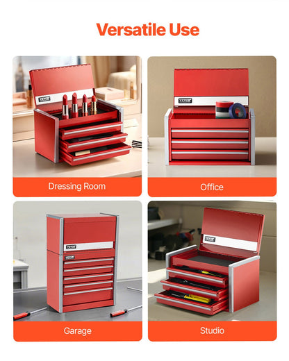 VEVOR Metal Tool Box, 8.6-inch, Portable Metal Tool Box with 3 Drawers, Small Tool Chest with EVA Liners and PP Feet Pads, Heavy-Duty Steel With Ball Bearing Opening and Powder Coated Finish, Red - CTSBXSGJX86I00F7ZV0 - view 6
