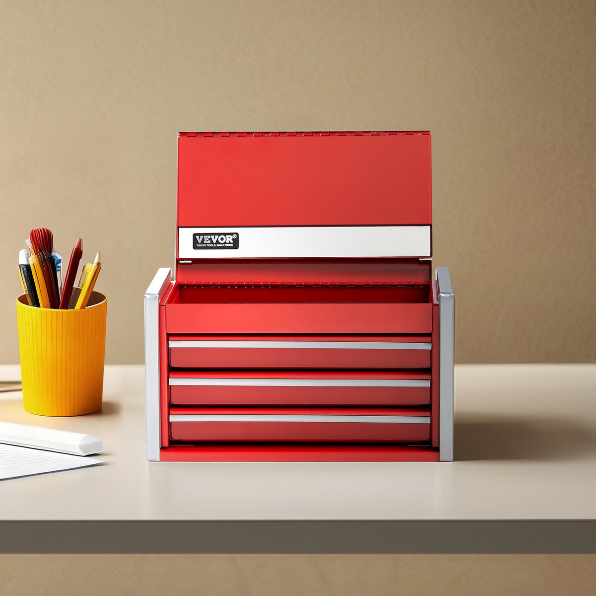VEVOR Metal Tool Box, 8.6-inch, Portable Metal Tool Box with 3 Drawers, Small Tool Chest with EVA Liners and PP Feet Pads, Heavy-Duty Steel With Ball Bearing Opening and Powder Coated Finish, Red - CTSBXSGJX86I00F7ZV0 - view 9