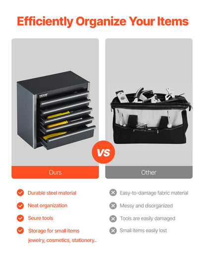 VEVOR Metal Tool Box, 8.6-inch, Portable Metal Tool Box with 5 Drawers, Small Tool Chest with EVA Liners and PP Feet Pads, Heavy-Duty Steel With Ball Bearing Opening and Powder Coated Finish, Black - CTSBXSGJX86I4GRVMV0 - view 4