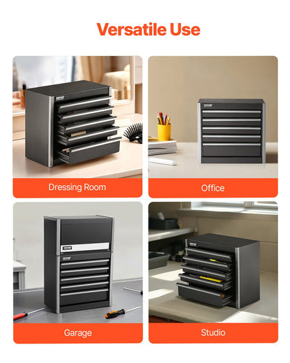 VEVOR Metal Tool Box, 8.6-inch, Portable Metal Tool Box with 5 Drawers, Small Tool Chest with EVA Liners and PP Feet Pads, Heavy-Duty Steel With Ball Bearing Opening and Powder Coated Finish, Black - CTSBXSGJX86I4GRVMV0 - view 6