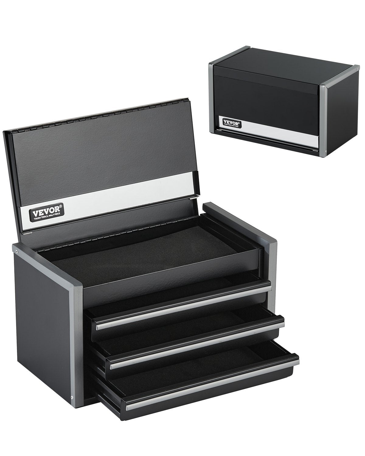 VEVOR Metal Tool Box, 8.6-inch, Portable Metal Tool Box with 3 Drawers, Small Tool Chest with EVA Liners and PP Feet Pads, Heavy-Duty Steel With Ball Bearing Opening and Powder Coated Finish, Black - CTSBXSGJX86IACUDAV0 - view 1