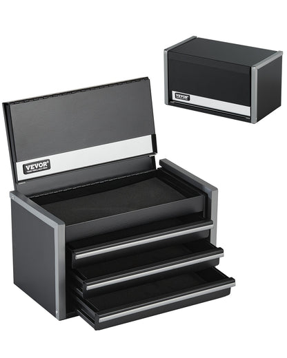 VEVOR Metal Tool Box, 8.6-inch, Portable Metal Tool Box with 3 Drawers, Small Tool Chest with EVA Liners and PP Feet Pads, Heavy-Duty Steel With Ball Bearing Opening and Powder Coated Finish, Black - CTSBXSGJX86IACUDAV0 - view 1