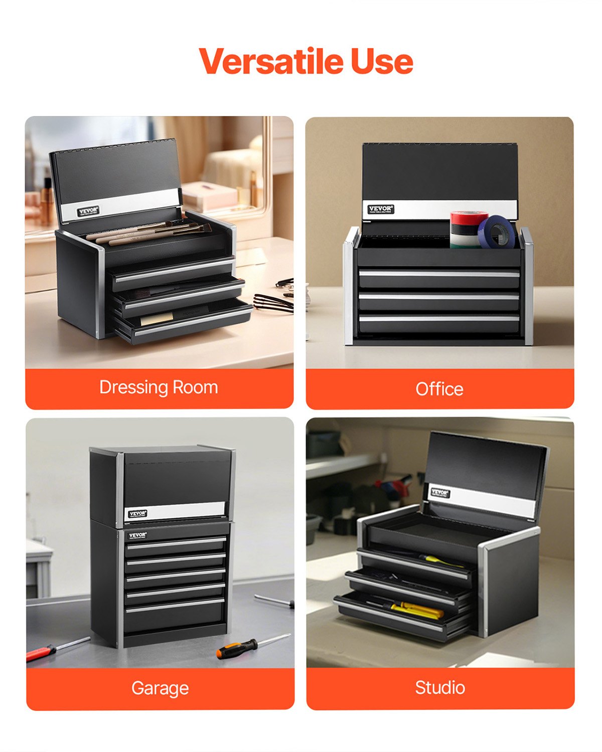 VEVOR Metal Tool Box, 8.6-inch, Portable Metal Tool Box with 3 Drawers, Small Tool Chest with EVA Liners and PP Feet Pads, Heavy-Duty Steel With Ball Bearing Opening and Powder Coated Finish, Black - CTSBXSGJX86IACUDAV0 - view 6