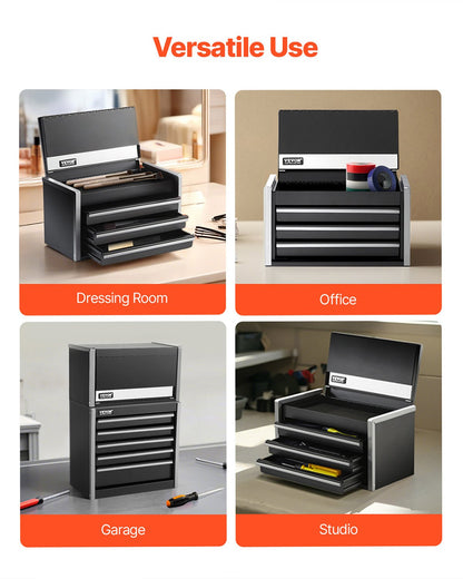 VEVOR Metal Tool Box, 8.6-inch, Portable Metal Tool Box with 3 Drawers, Small Tool Chest with EVA Liners and PP Feet Pads, Heavy-Duty Steel With Ball Bearing Opening and Powder Coated Finish, Black - CTSBXSGJX86IACUDAV0 - view 6