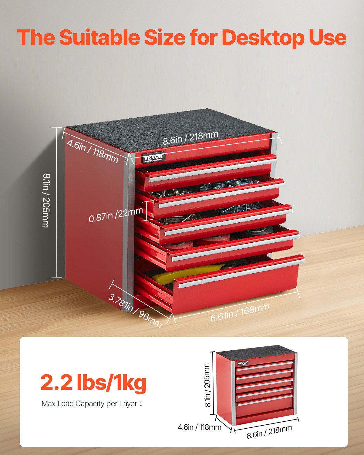 VEVOR Metal Tool Box, 8.6-inch, Portable Metal Tool Box with 5 Drawers, Small Tool Chest with EVA Liners and PP Feet Pads, Heavy-Duty Steel With Ball Bearing Opening and Powder Coated Finish, Red - CTSBXSGJX86IY6PZFV0 - view 3