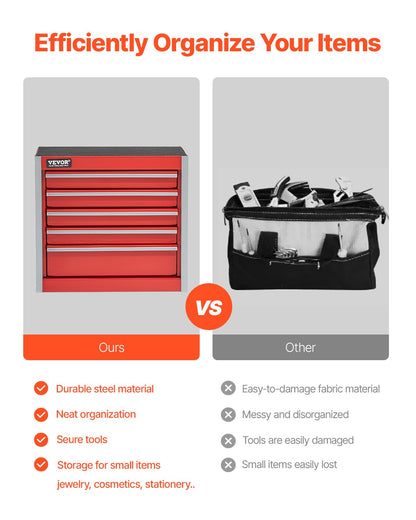 VEVOR Metal Tool Box, 8.6-inch, Portable Metal Tool Box with 5 Drawers, Small Tool Chest with EVA Liners and PP Feet Pads, Heavy-Duty Steel With Ball Bearing Opening and Powder Coated Finish, Red - CTSBXSGJX86IY6PZFV0 - view 4