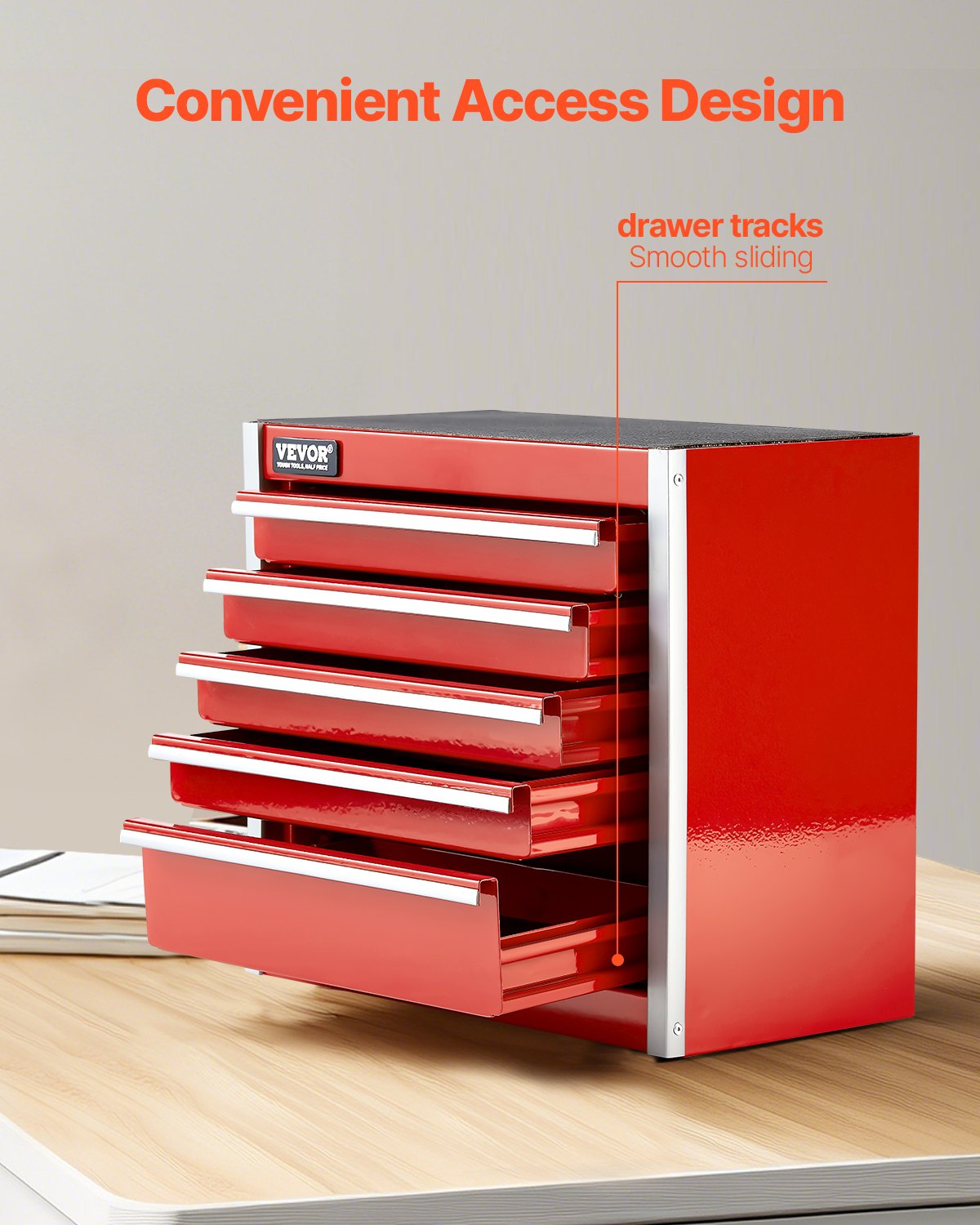 VEVOR Metal Tool Box, 8.6-inch, Portable Metal Tool Box with 5 Drawers, Small Tool Chest with EVA Liners and PP Feet Pads, Heavy-Duty Steel With Ball Bearing Opening and Powder Coated Finish, Red - CTSBXSGJX86IY6PZFV0 - view 5