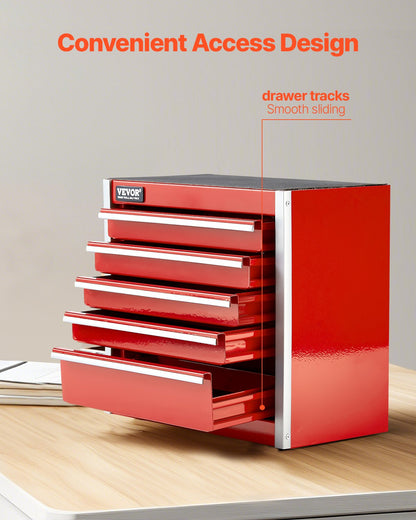 VEVOR Metal Tool Box, 8.6-inch, Portable Metal Tool Box with 5 Drawers, Small Tool Chest with EVA Liners and PP Feet Pads, Heavy-Duty Steel With Ball Bearing Opening and Powder Coated Finish, Red - CTSBXSGJX86IY6PZFV0 - view 5
