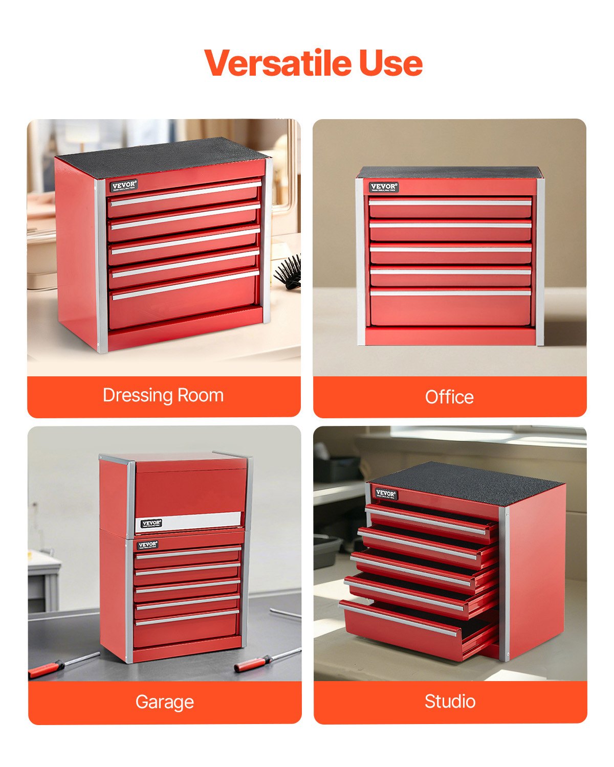 VEVOR Metal Tool Box, 8.6-inch, Portable Metal Tool Box with 5 Drawers, Small Tool Chest with EVA Liners and PP Feet Pads, Heavy-Duty Steel With Ball Bearing Opening and Powder Coated Finish, Red - CTSBXSGJX86IY6PZFV0 - view 6
