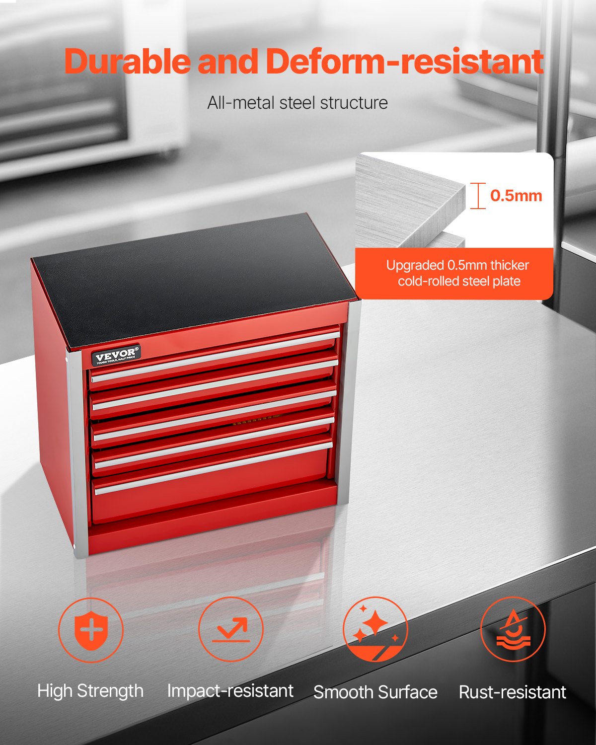 VEVOR Metal Tool Box, 8.6-inch, Portable Metal Tool Box with 5 Drawers, Small Tool Chest with EVA Liners and PP Feet Pads, Heavy-Duty Steel With Ball Bearing Opening and Powder Coated Finish, Red - CTSBXSGJX86IY6PZFV0 - view 7